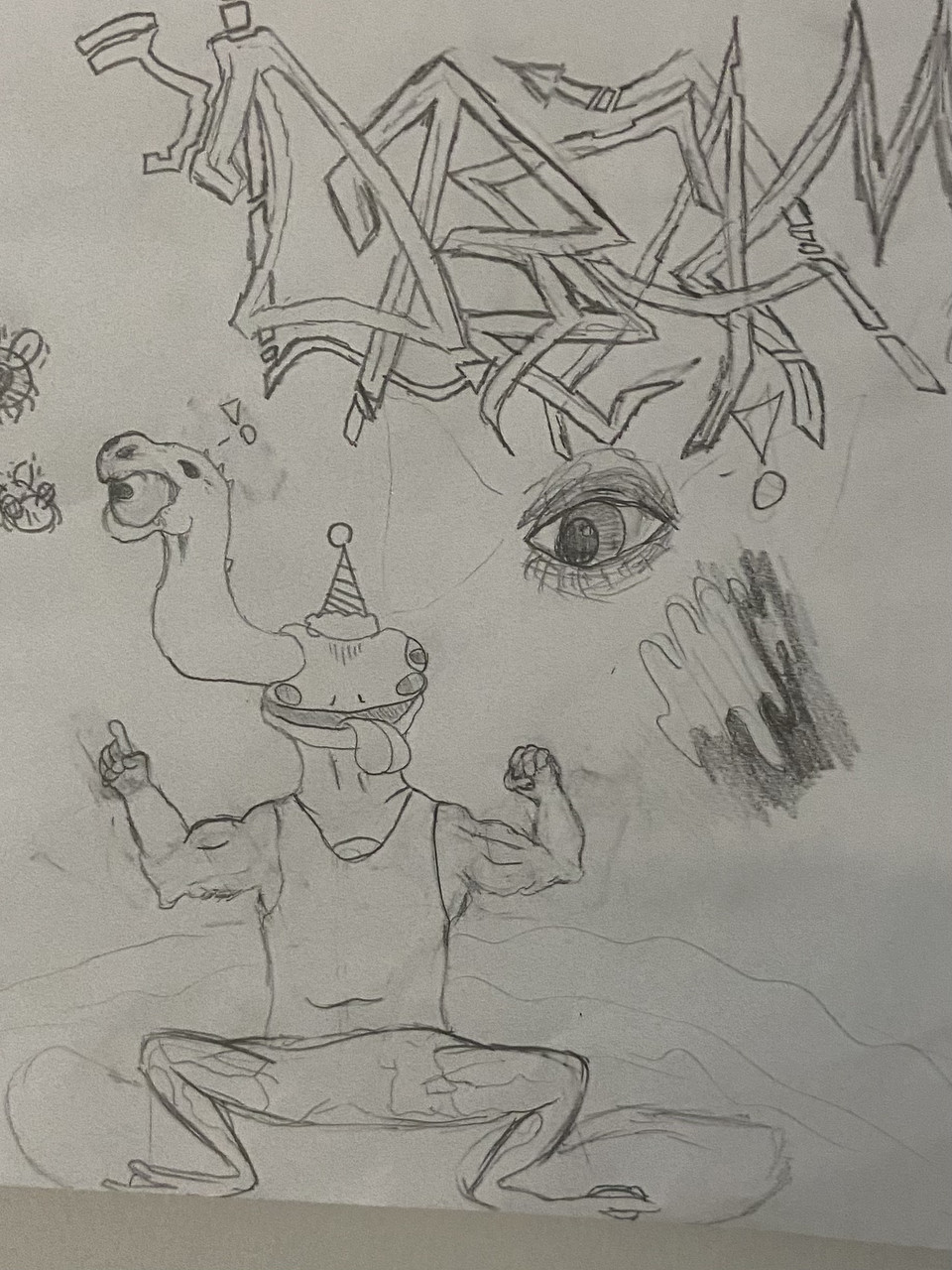Pencil drawing on white paper of frog with party hat on, muscles, and standing on two feet, among other unnatural features