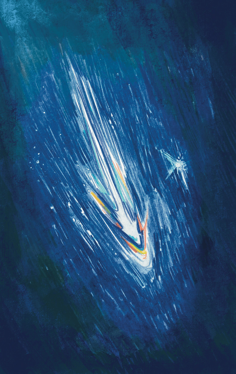 Blue based drawing of shapes similar to a shooting star with highlights of orange yellow and white