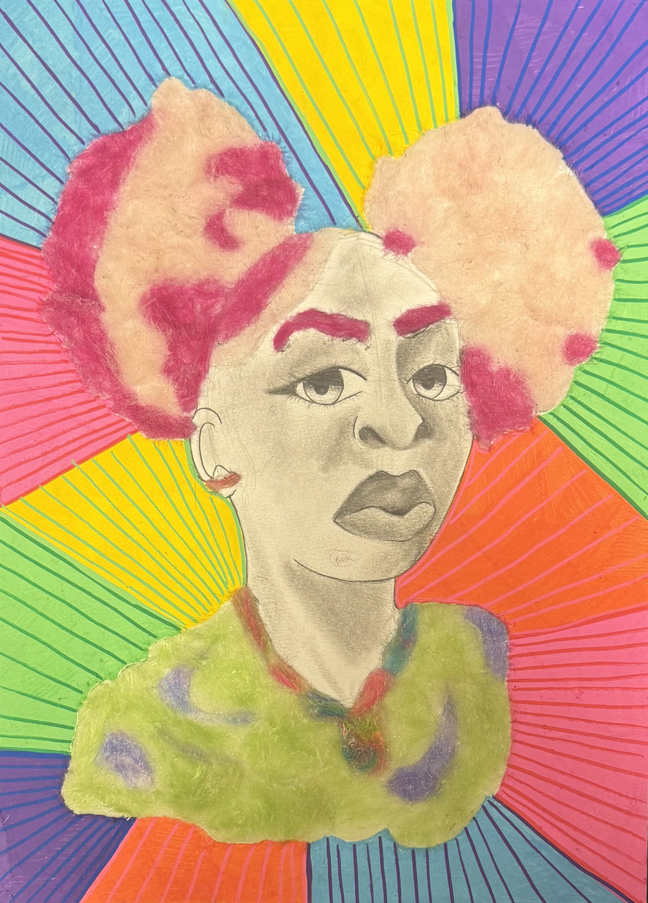 Mixed media artwork with multi-colored background and person in middle with felt texture attached in large pink hair eyebrows and sweater.