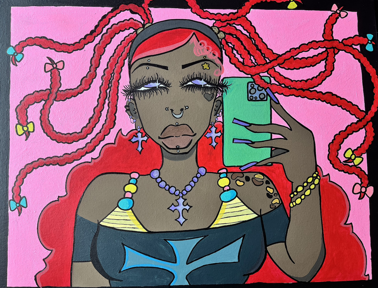 Multi-colored painting with pink background of person with red hair braids, headband, and long eyelashes, holding phone up as if taking a photo in a mirror.