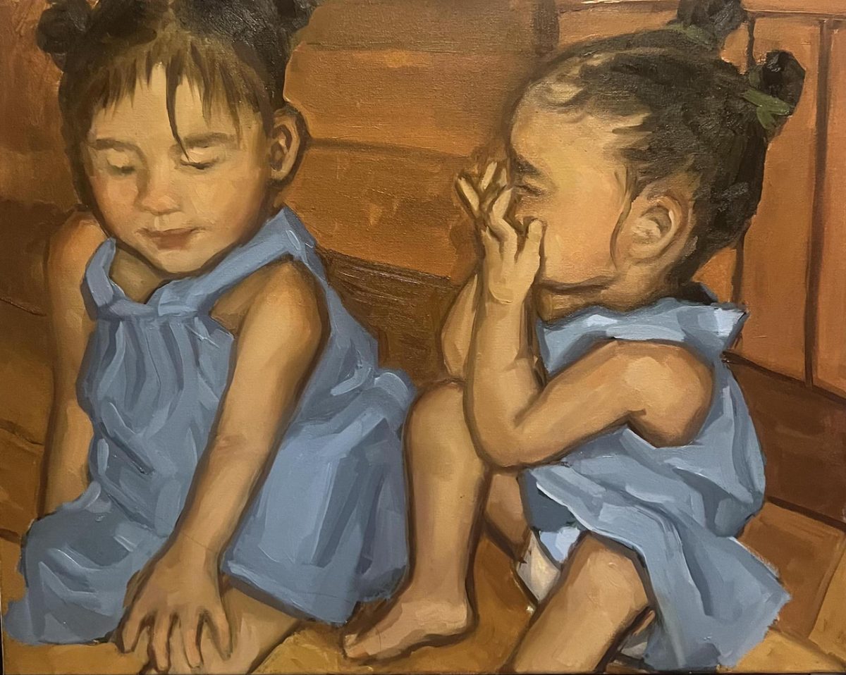 painting of two young children in blue dresses sitting on ground in front of brown background, one crying