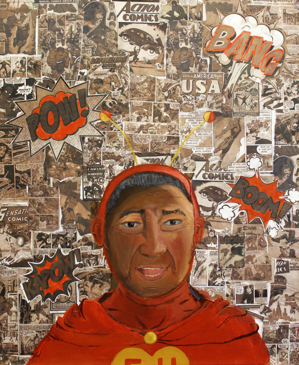 Mixed media collage of comic book pages with featured words POW BANG BOOM KAPOW and man in red costume in foreground