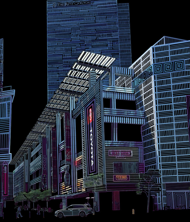 Digital art with sharp straight lines featuring buildings and CTA train