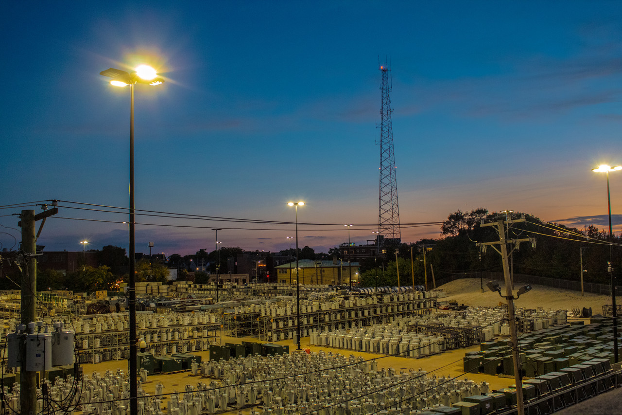 Photograph taken at dusk of electric facility