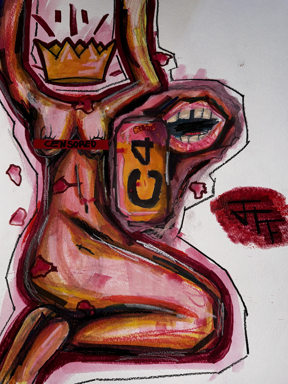 Red pink and orange abstract drawing of womans body with crown as head and mouth off to the side.
