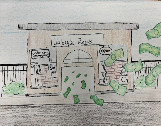 Colored pencil drawing of the front of a store with sign above door reading Valery's Resale with money flying out the door.