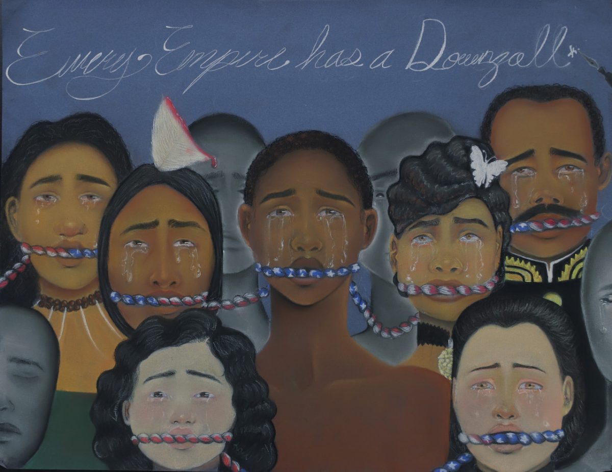 Painting with blue background and title Every Empire Has A Downfall across top in white text featuring multiple different crying faces of people with red white and blue rope tied around their mouths.