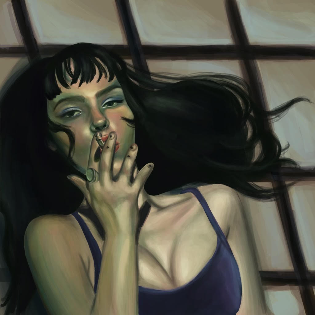 Digital artwork of person with long brown hair smoking a cigarette