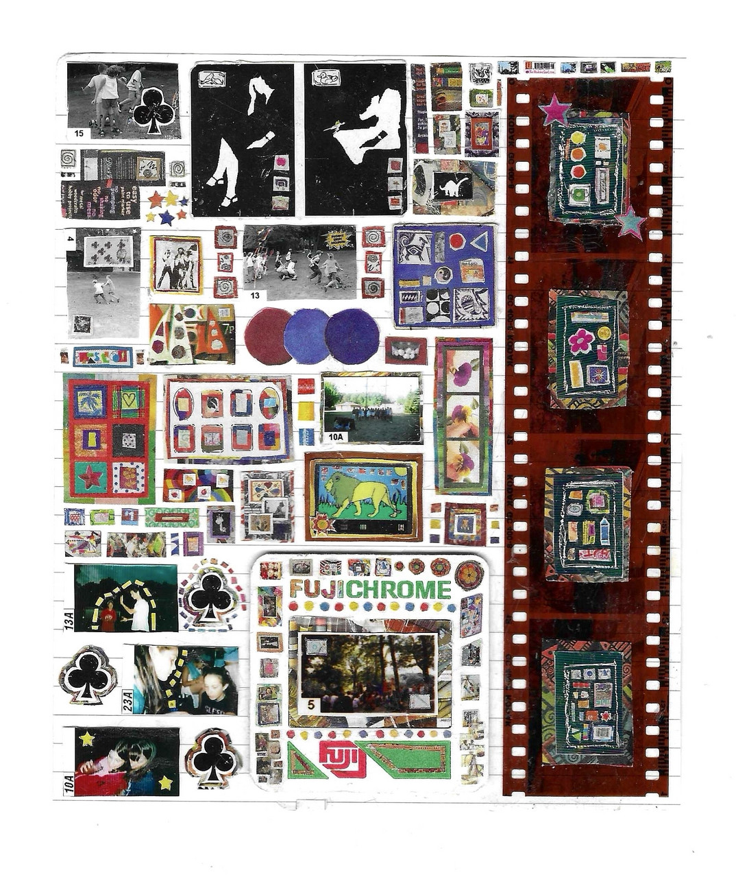Mixed media collage with varying size film cutouts