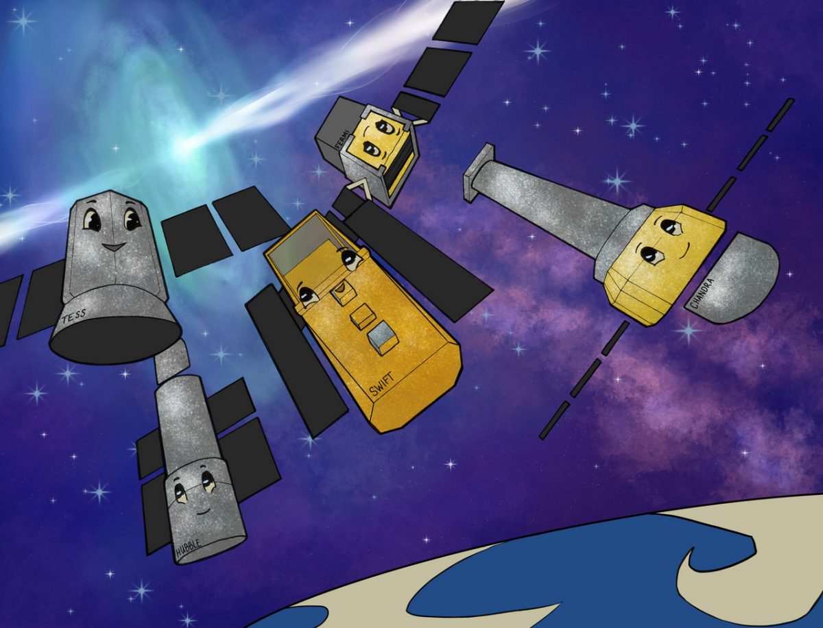 Digital artwork of cartoon satellites in space