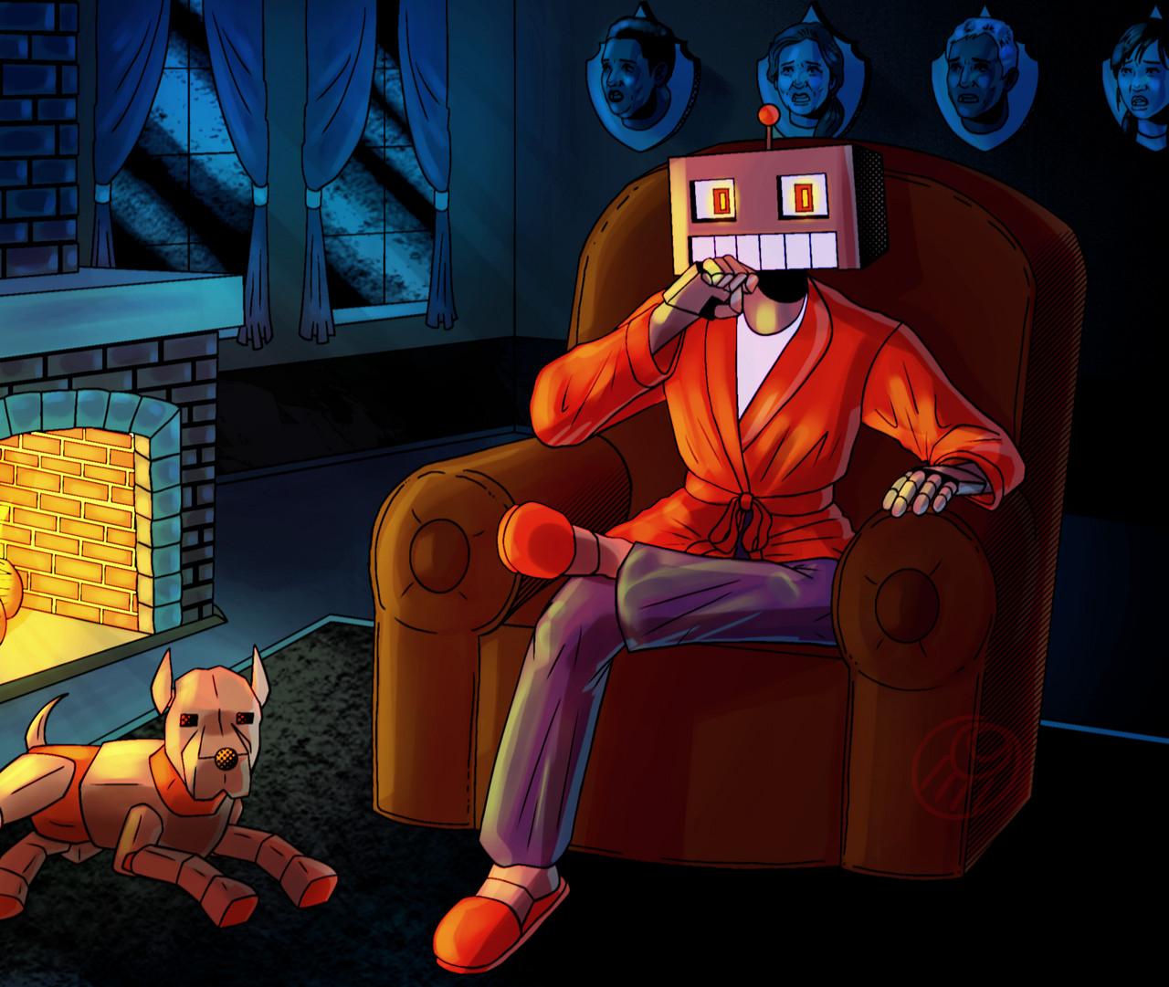 Digital art of person with box head sitting in robe in arm chair with dog and fireplace next to them