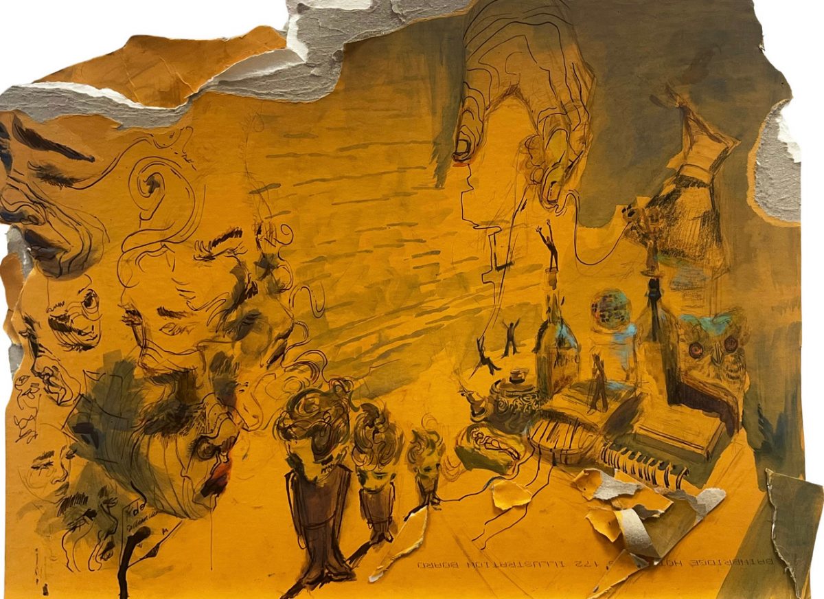 Yellow background mixed media collage with various people faces and shapes