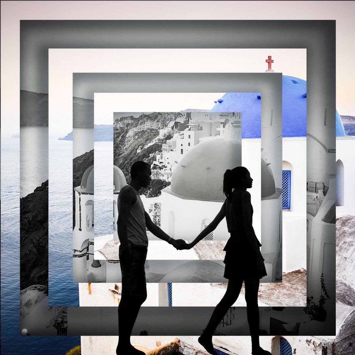 Mixed media collage with silhouette of two people holding hands walking to the right