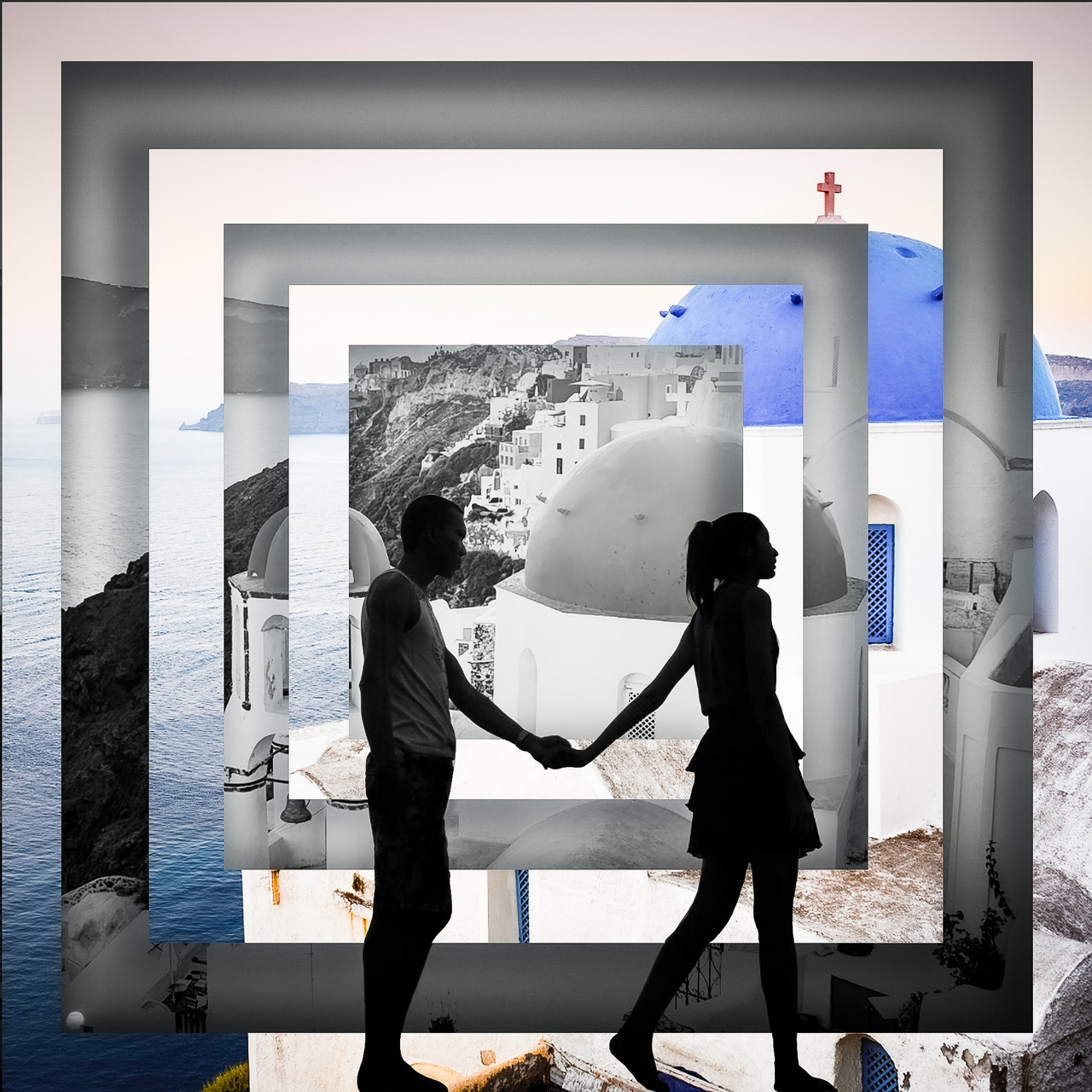 Mixed media collage with silhouette of two people holding hands walking to the right