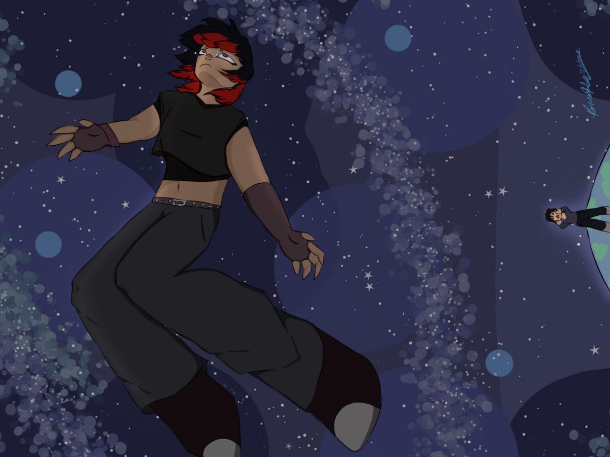 Digital image or person in black pants and shirt with red hair floating in space above person standing on earth