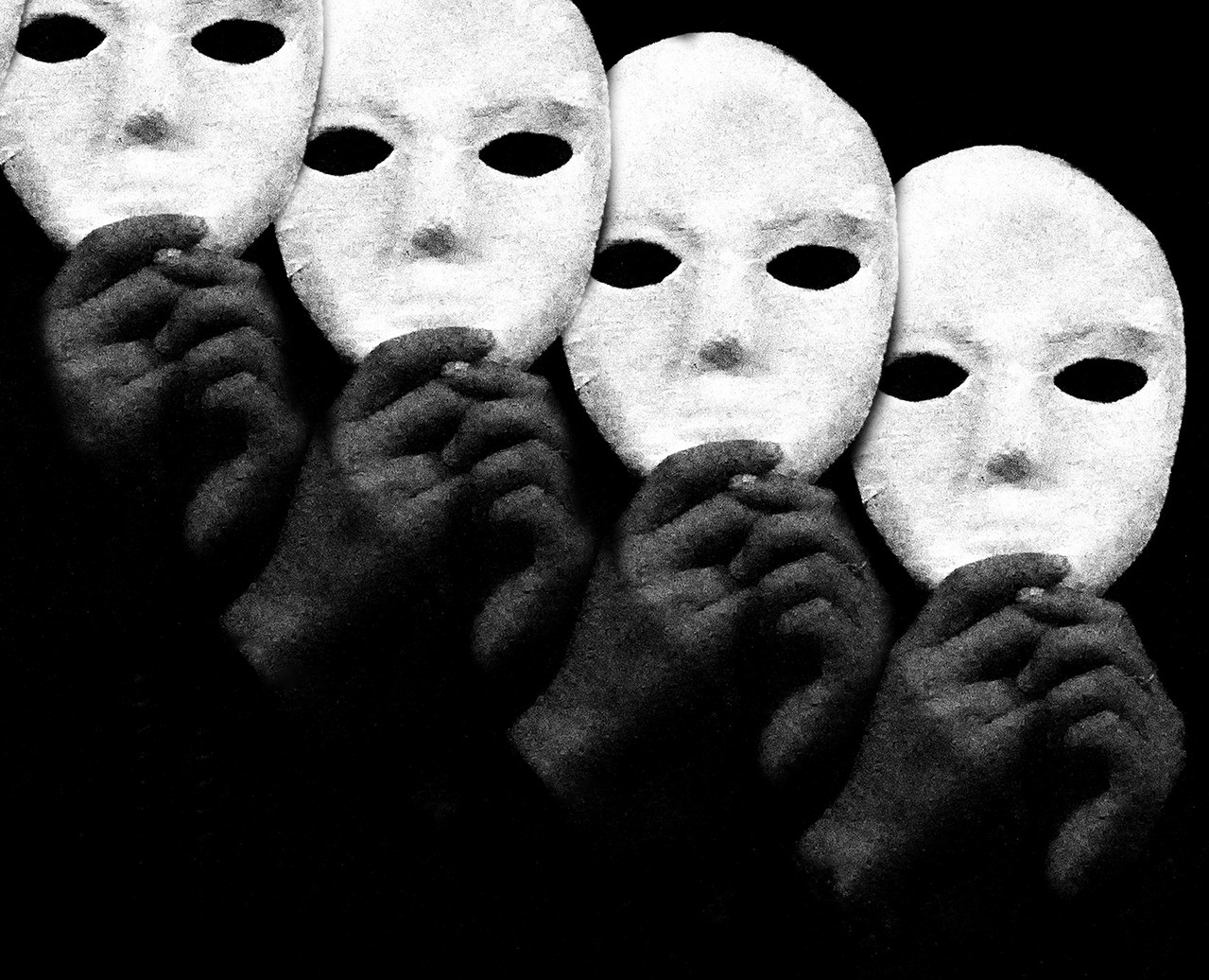 image featuring hands holding a white mask repeating