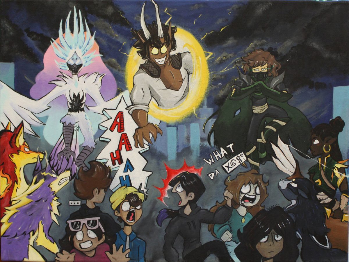 Multicolored mixed media artwork with multiple characters and various accessories
