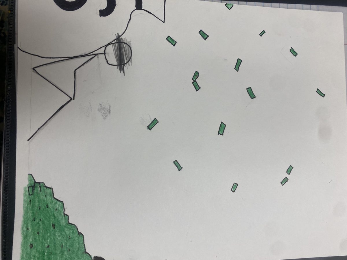 Colored pencil image of person sitting with money falling around them and pile of money in front of them