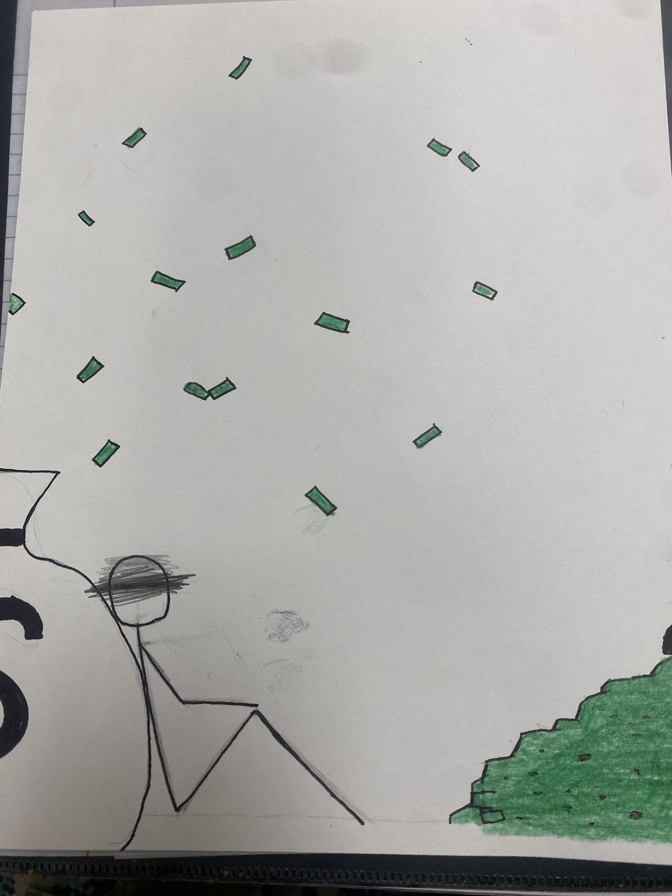 Colored pencil image of person sitting with money falling around them and pile of money in front of them