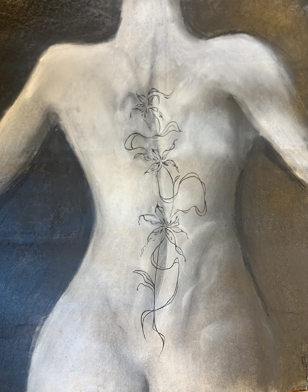 Artwork with blue and tan background done in pastels with back of body in center adorned with flowers in black ink