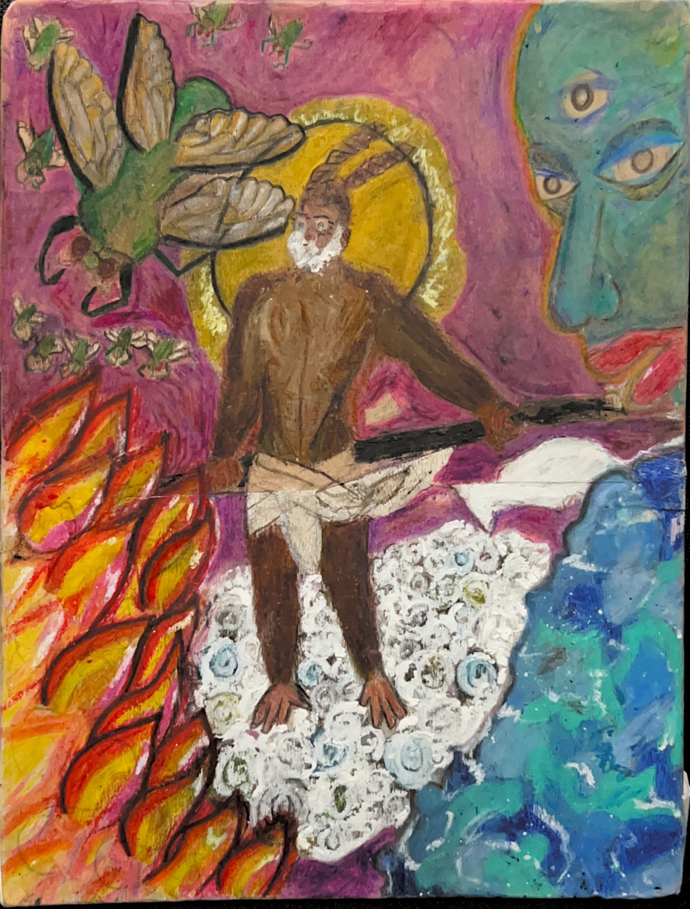 Multi-colored pastel artwork with flames on one side and water on other, with person in middle, sun behind him, and bird above him.