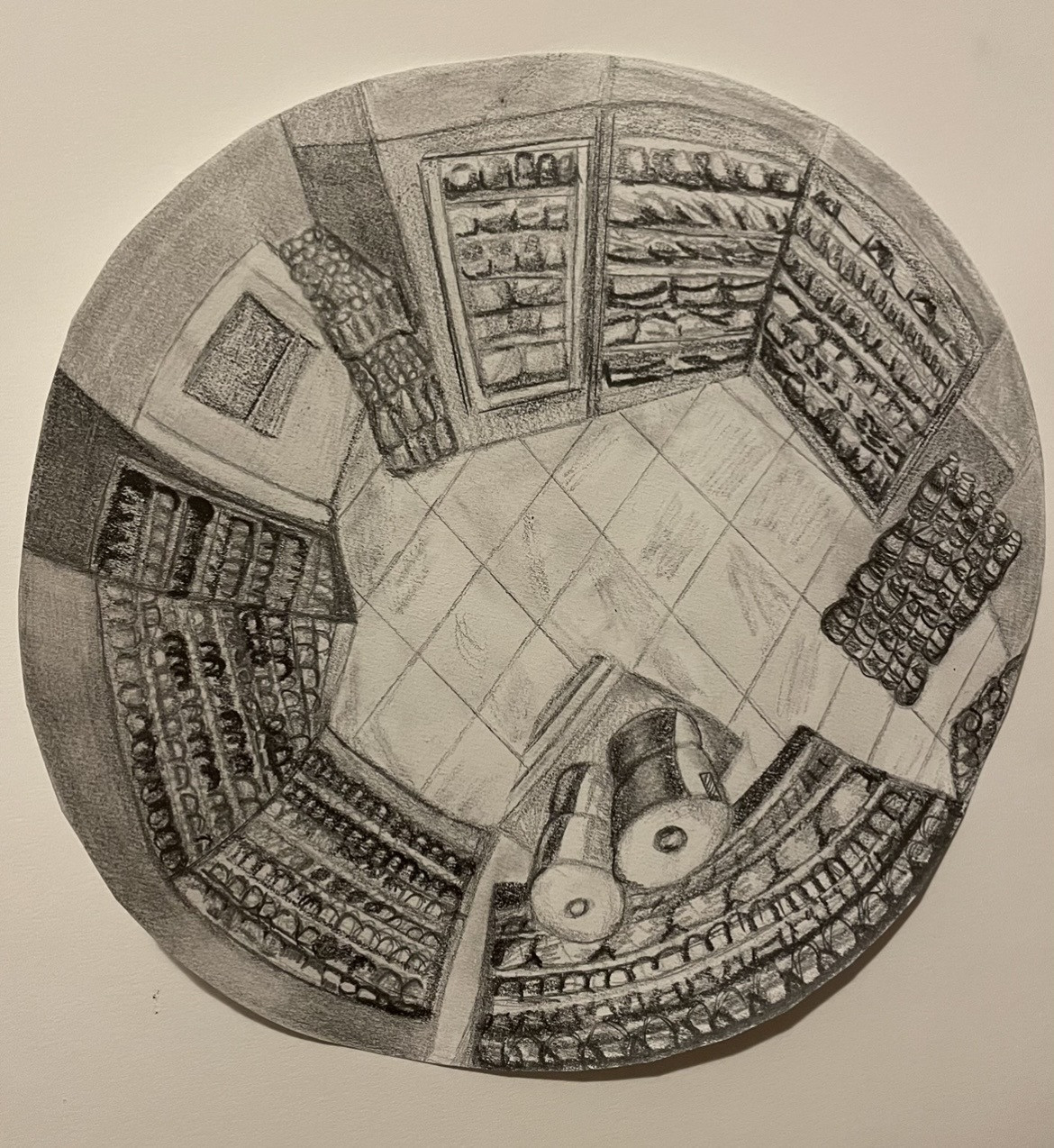 Graphite drawing depicting concave view from grocery store corner convex mirror