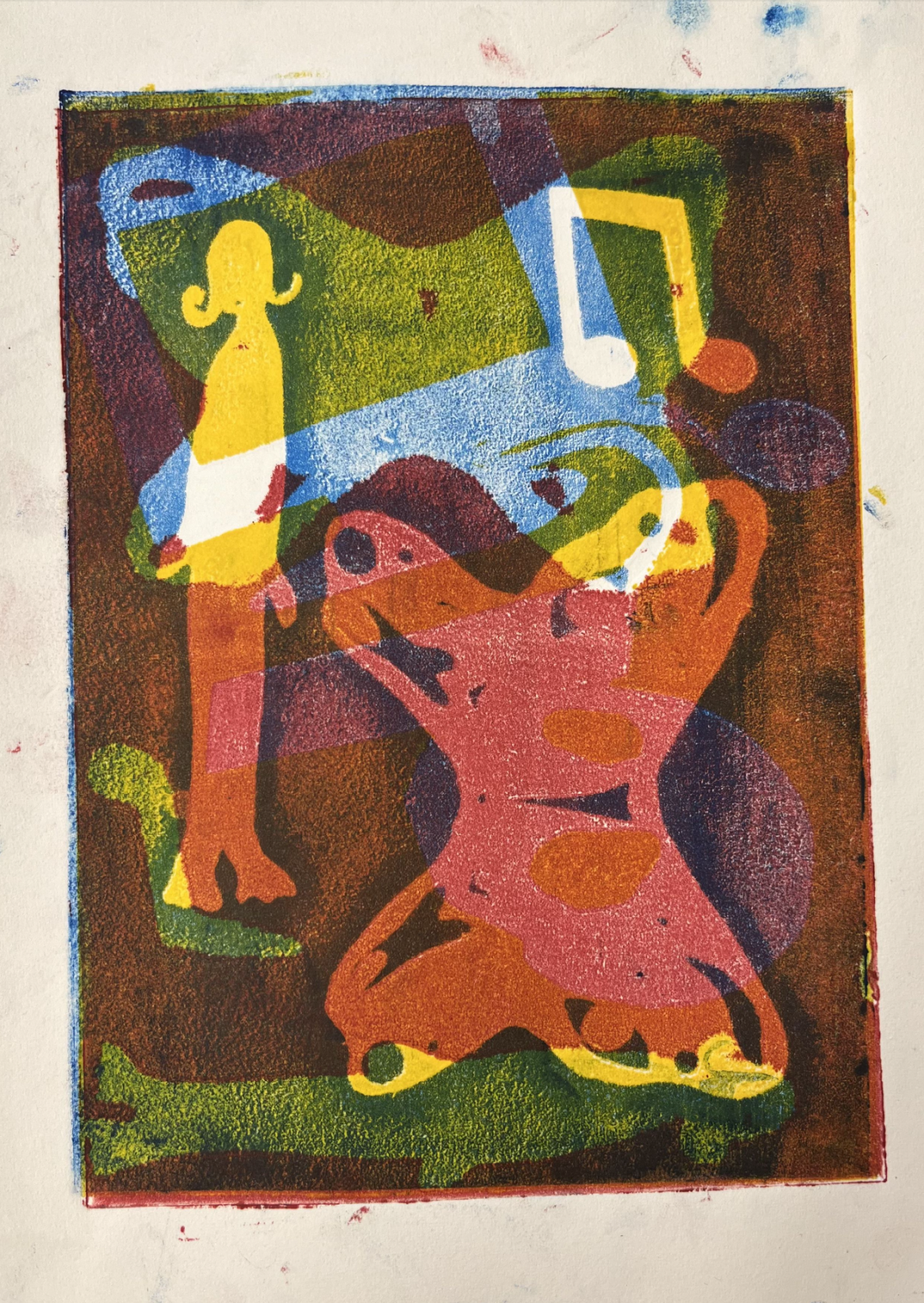 Multicolored print depicting various shapes in red green blue and yellow layered colors.