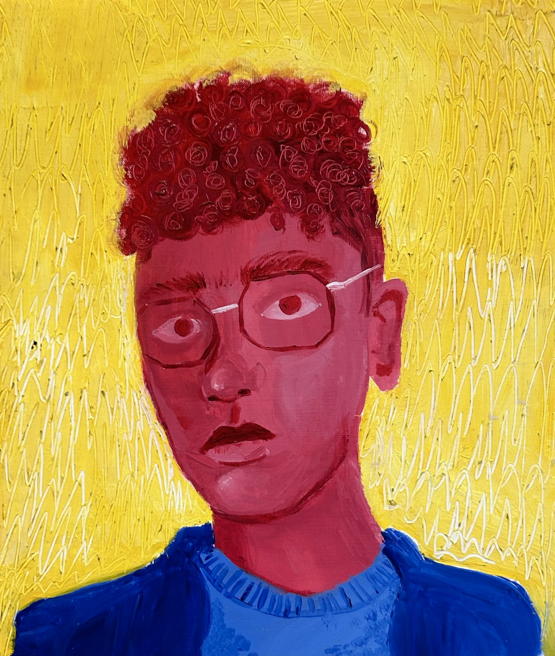 Painting with yellow background of person with dark skin toned red with curly hair and glasses, wearing a blue shirt and jacket