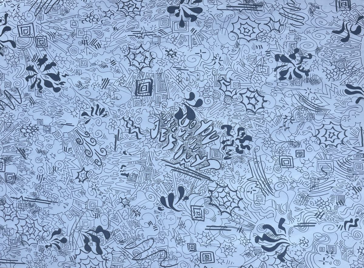 abstract ink drawing featuring many shapes and marks