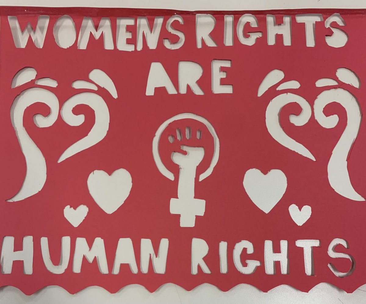 Red paper cutout with text reading Womens Rights are Human Rights with hearts and other shapes cut out.