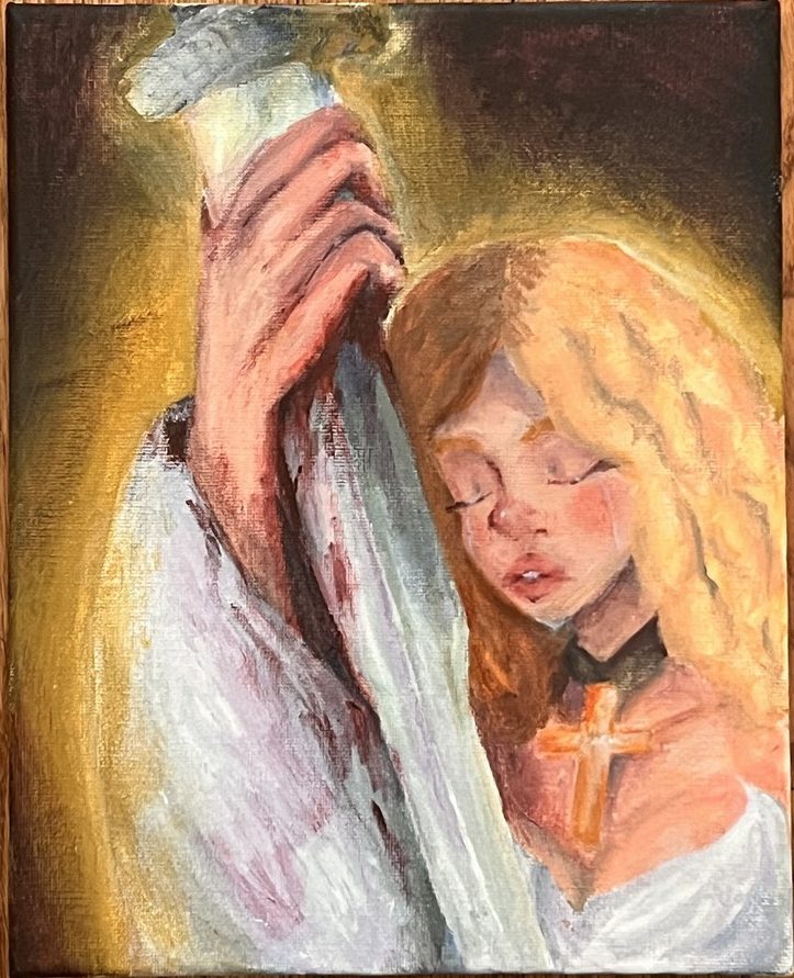 Painting of woman with blonde hair and large cross necklace in white dress holding sword in front of face with blood on hands