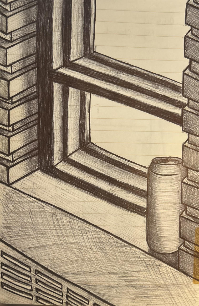 Pencil and marker drawing of window surrounded by bricks
