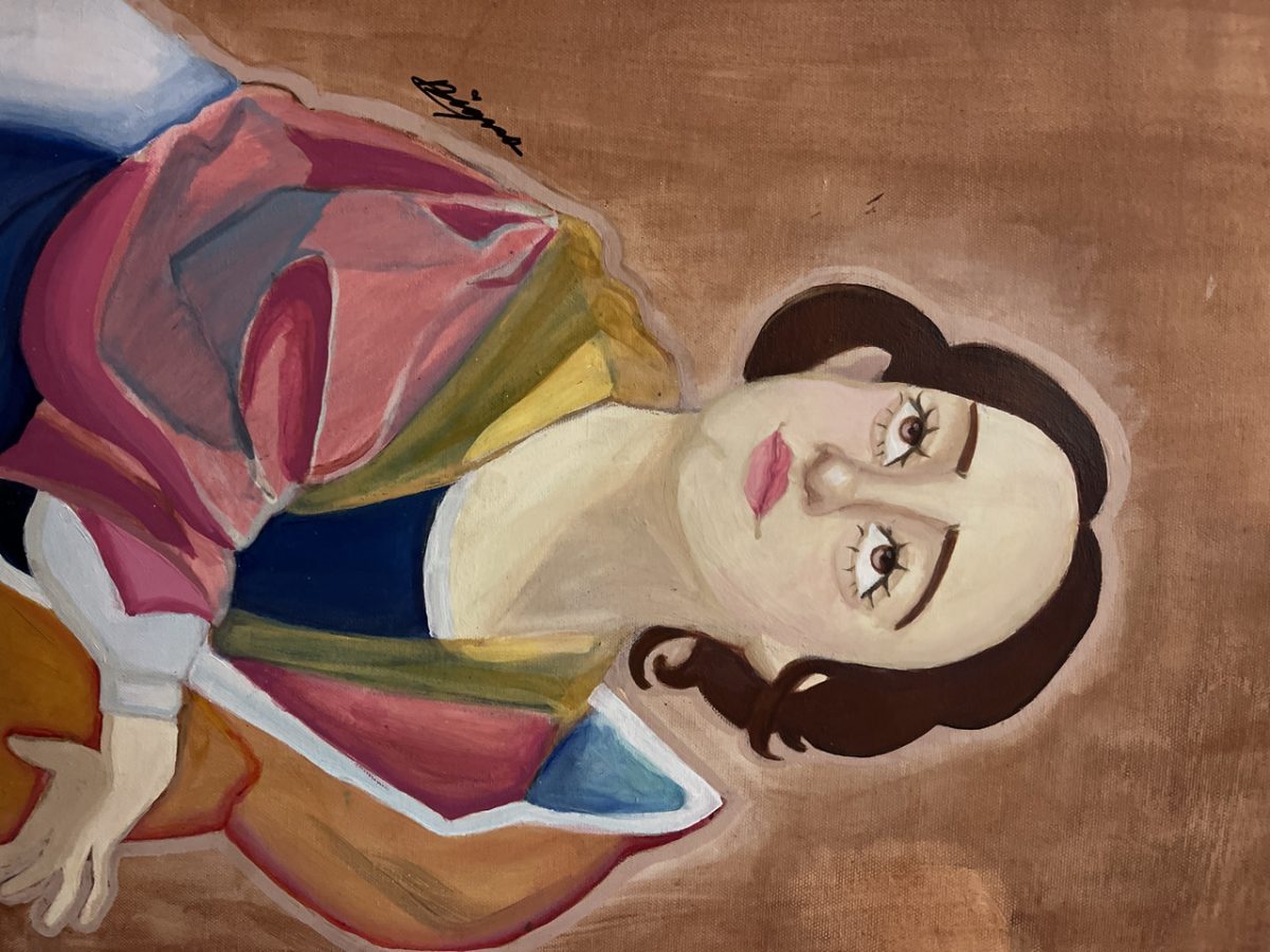Painting of person with brown hair in blue and white dress with pink and orange shrug over shoulders