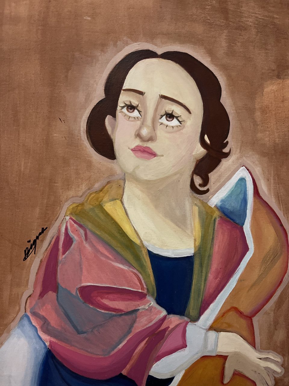 Painting of person with brown hair in blue and white dress with pink and orange shrug over shoulders