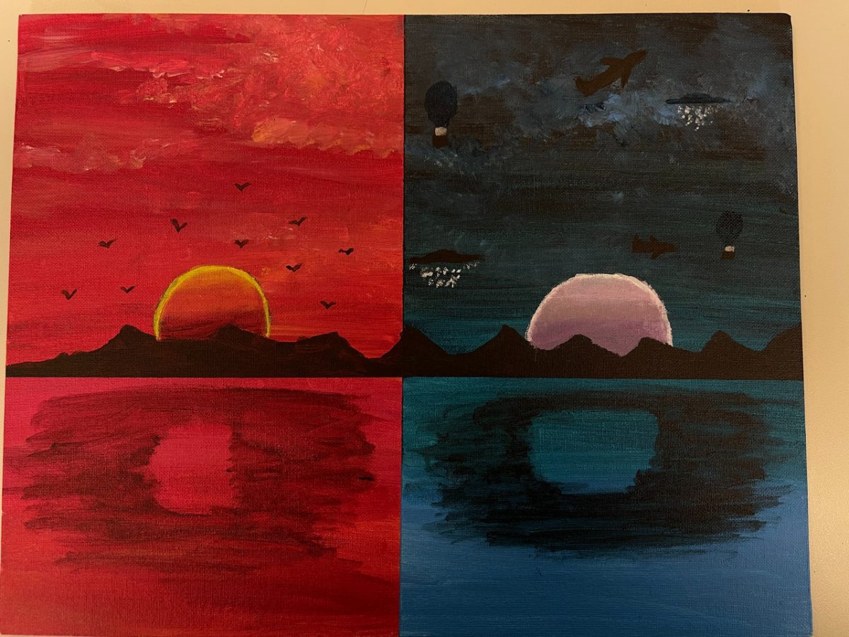 Painting with split sides, one red and yellow toned, and the other blue and black toned