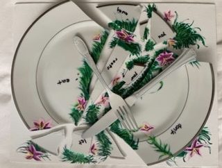 mixed media sculpture of plate with fork, knife, and flowers growing