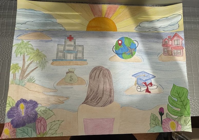 Multicolored drawing of back of person looking towards body of water with sunset. Within the watr there is multiple items on islands such as the planet earth, graduation cap, money, and a building.