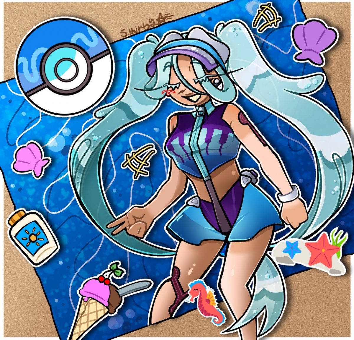 Digital layered artwork with blue and purple tones of anime girl with blue hair surrounded by various beach items
