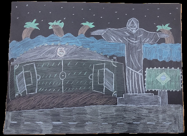 Black paper with colored pencil drawing of football field with trees in background and Brazil flag in front