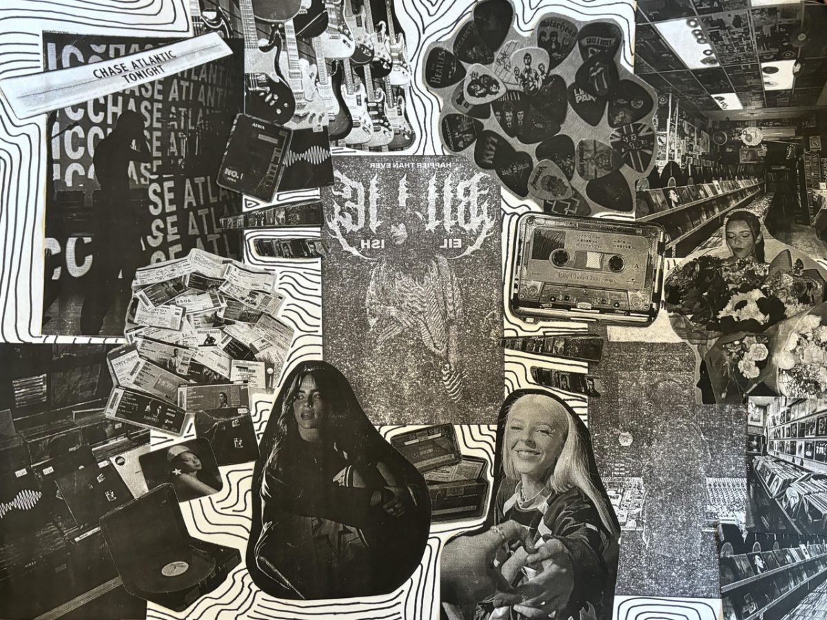black and white mixed media collage featuring different musical elements such as tapes, guitar picks, guitars, concert images, and images of people with long hair.