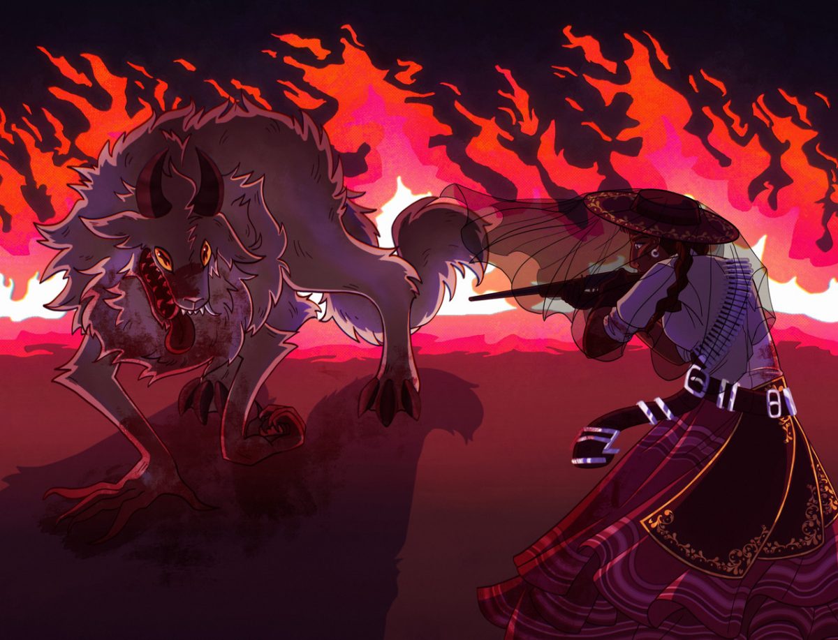 Red based digital artwork of person pointing weapon at large monster with flames in background