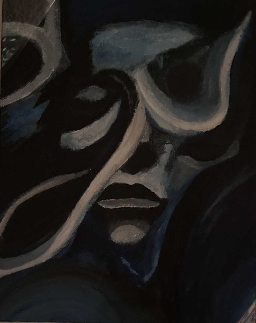 Mysterious painting of a portion of a womans face with blue and tan colors and dark shadows.