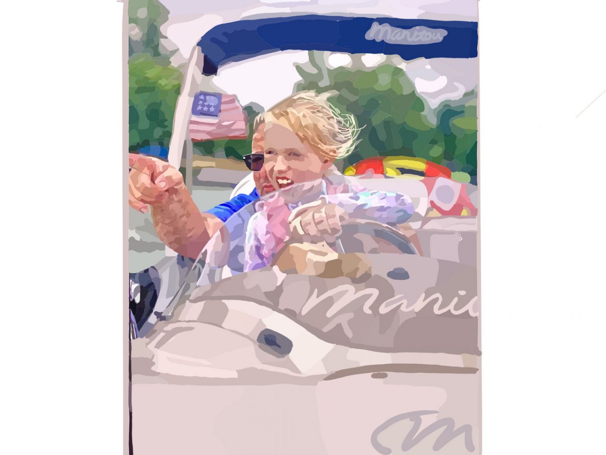digital artwork of young child and older man behind wheel of boat with american flag in background