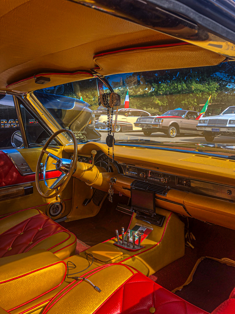 Photograph from inside of vintage car