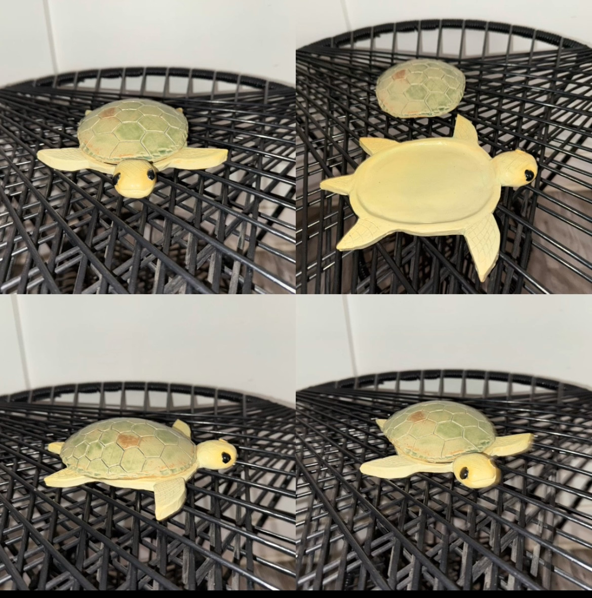 four photos showing different aspects of a clay sculpture of a green turtle