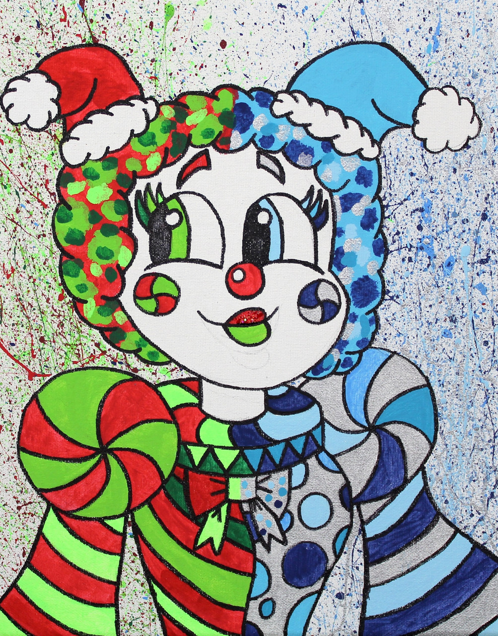 Painting with clown split in half color wise, one side red and green, the other side blue and white. Featuring christmas hats, stripes, and splattered paint background.
