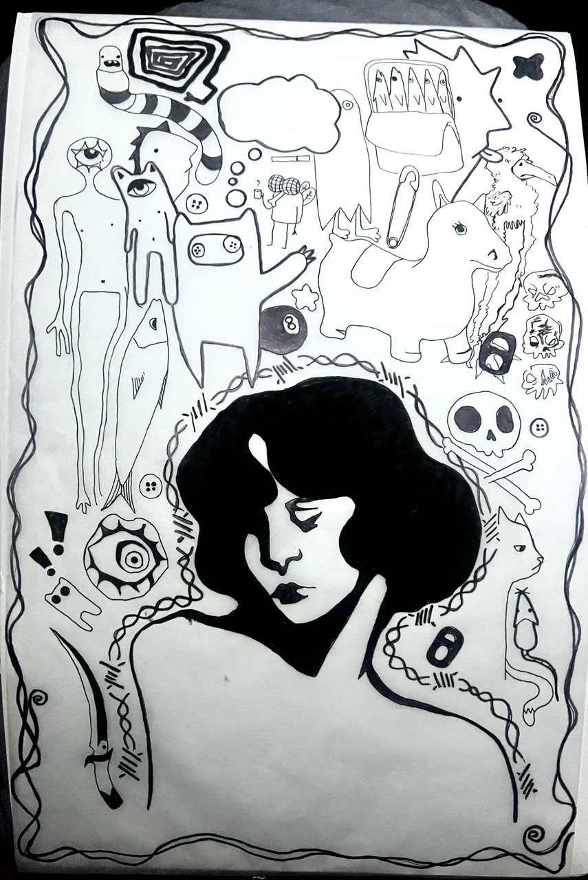 White abstract artwork with black designs including a woman with black hair and various other creatures in the background