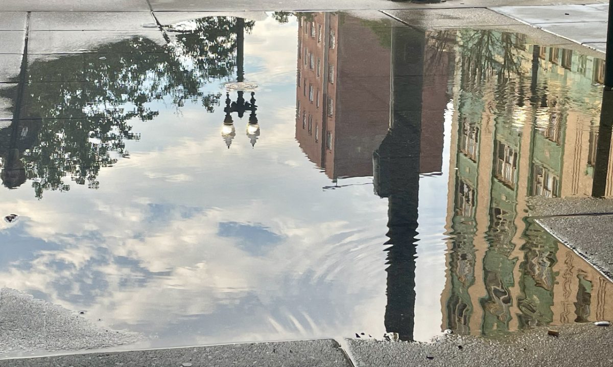Photograph of reflection showing clouds buildings and poles