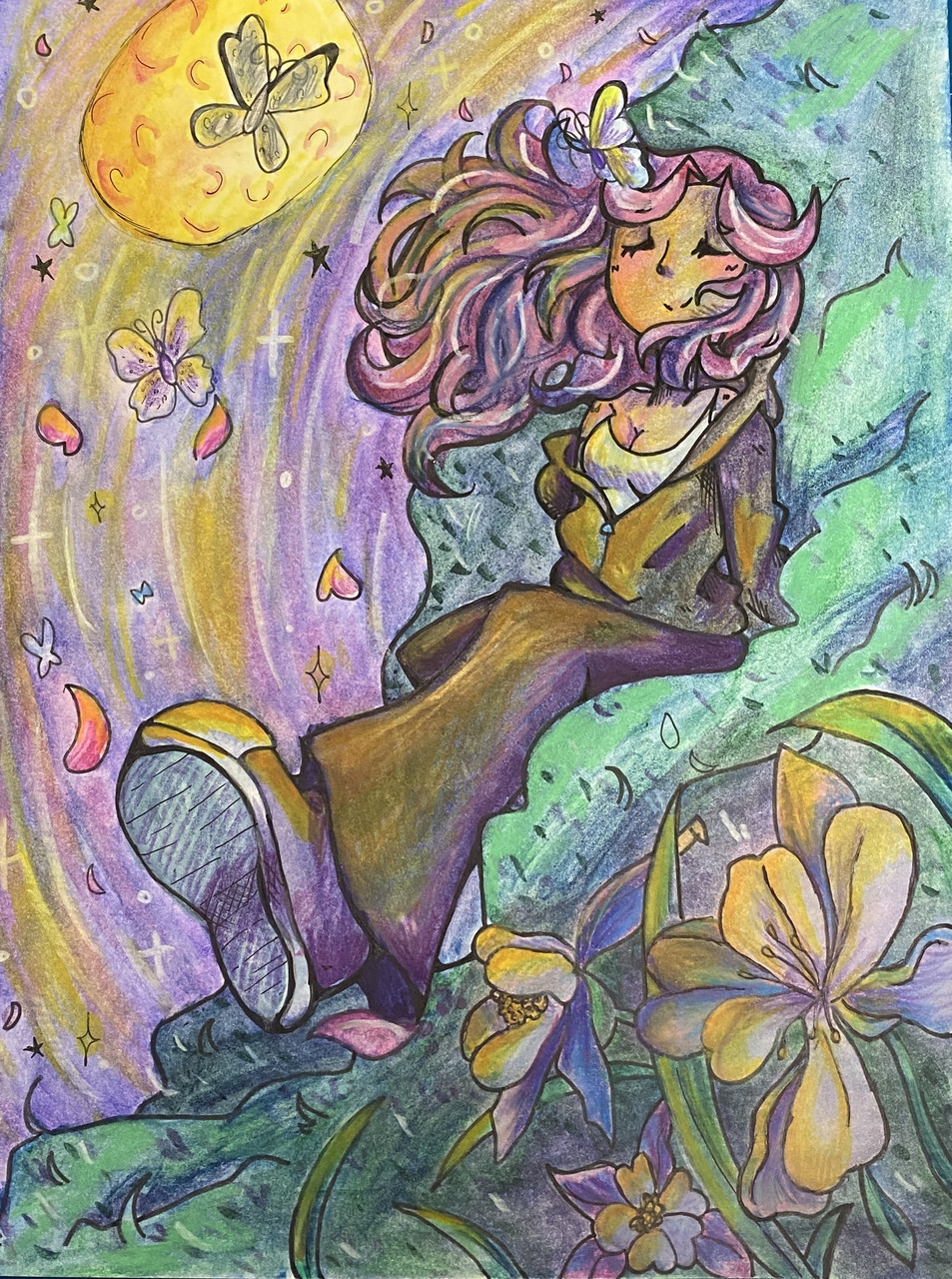 Colorful drawing of person with long pink hair walking through flowers with purple and pink sky