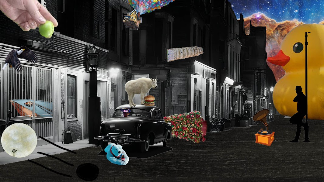 Digital artwork collage of buildings a large rubber duck and other overlapping images